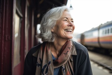 Photography in the style of pensive portraiture of a happy mature woman laughing against a historic train background. With generative AI technology