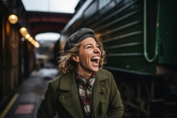 Obraz na płótnie Canvas Environmental portrait photography of a glad mature girl laughing against a historic train background. With generative AI technology