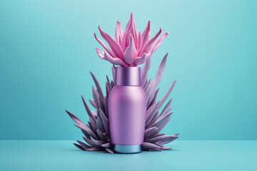 A bunch of perfumes and flowers with a bottle of perfume on the table 3d rendering