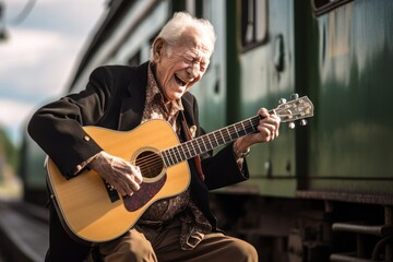 Obraz premium Environmental portrait photography of a glad old man playing the guitar against a historic train background. With generative AI technology