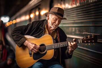 Obraz premium Environmental portrait photography of a glad old man playing the guitar against a historic train background. With generative AI technology