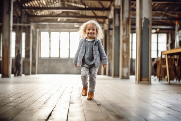 Medium shot portrait photography of a grinning kid female walking against a spacious loft background. With generative AI technology