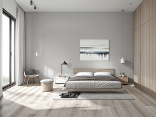 The interior of a bright bedroom. Generative by AI