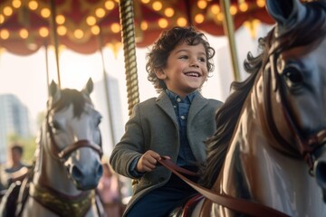 Fototapeta na wymiar Lifestyle portrait photography of a glad kid male riding a horse against a crowded amusement park background. With generative AI technology