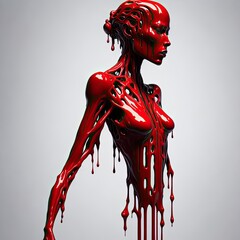 dripping red paint across the shape of a female human, realistic , high detail, on a white background, generative AI