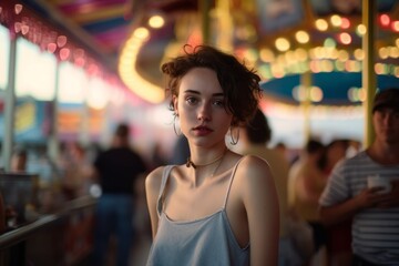 Environmental portrait photography of a tender girl in her 30s having breakfast against a crowded amusement park background. With generative AI technology