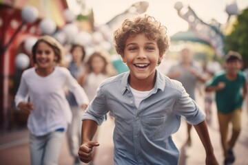 Environmental portrait photography of a joyful mature boy running against a crowded amusement park background. With generative AI technology