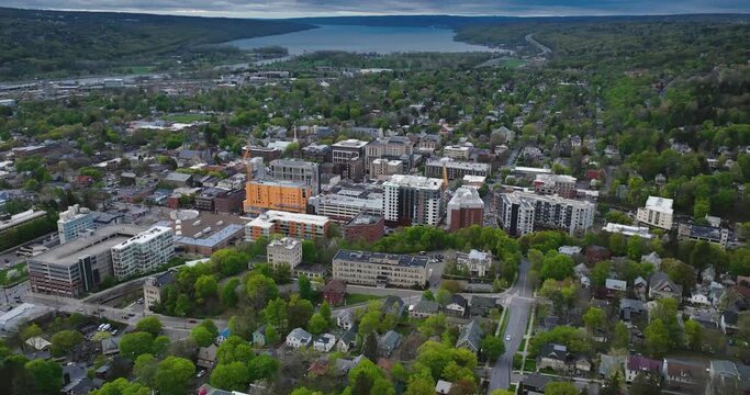 Dramatic hyperlapse video dolly forward, push in, video of Ithaca, NY, Cayuga Lake, and the surrounding area.