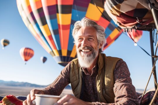 Environmental portrait photography of a joyful mature man having breakfast against a colorful hot air balloon background. With generative AI technology