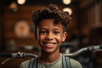 Close-up portrait photography of a grinning boy in his 30s riding a bike against a peaceful yoga studio background. With generative AI technology