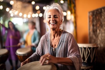 Medium shot portrait photography of a happy mature girl playing the drum against a peaceful yoga studio background. With generative AI technology