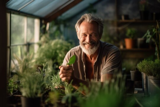 Environmental portrait photography of a happy mature man growing plants in a greenhouse against a peaceful yoga studio background. With generative AI technology