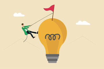 Hard work and creative effort to advance goals, ideas and business and personal development in life or business. A hardworking and creative business man climbing the lamp to reach the flag and conquer