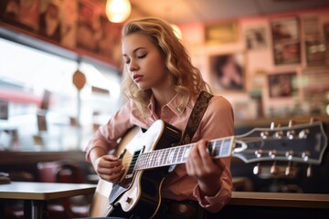 Medium shot portrait photography of a satisfied kid female playing the guitar against a classic diner background. With generative AI technology