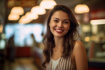 Medium shot portrait photography of a grinning girl in her 30s walking against a classic diner background. With generative AI technology