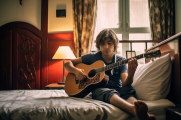 Environmental portrait photography of a glad boy in his 30s playing the guitar against a charming bed and breakfast background. With generative AI technology