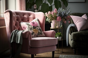 pink armchair with floral cushion in cozy living room, created with generative ai