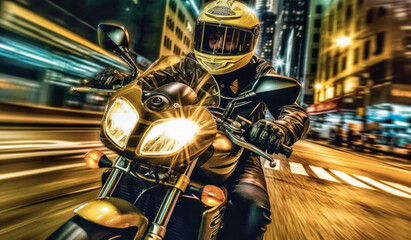 Motorbike racer with helmet with trail lights on the background of the city created with Generative AI technology