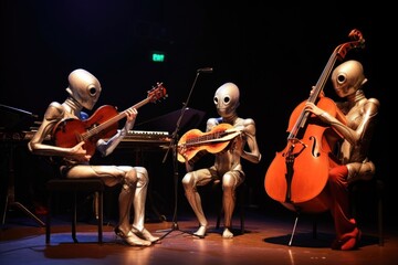Fototapeta premium a trio of alien musicians playing their instruments in harmony at a concert hall, created with generative ai