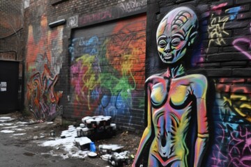 alien figure spray-painted on brick wall, with other graffiti and street art in the background, created with generative ai