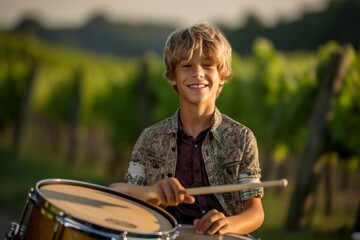 Fototapeta premium Close-up portrait photography of a glad mature boy playing the drum against a picturesque vineyard background. With generative AI technology