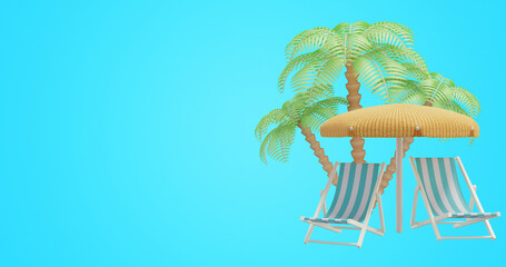 Obraz premium Summer rest. Palm trees deck chair under an umbrella. 3d rendering