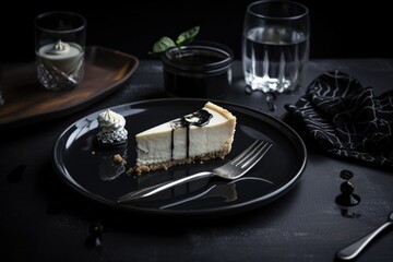 slice of cheesecake on black plate, with silver utensils and glasses, created with generative ai