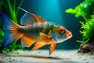 Naklejka premium Beautiful Exotic Fishes in Planted Aquarium