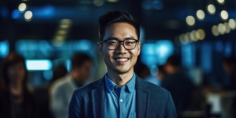 Handsome chinese male Software Developer in a modern office, radiating confidence with a subtle smile. Embodies expertise and innovation in the fast-paced tech industry. Generative AI