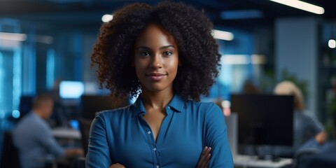 Sensual afro female Software Developer in a modern office, exuding confidence with a slight smile. Represents expertise and creativity in the tech industry. Generative AI
