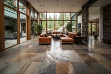 natural stone floors and furniture in eco-friendly home, created with generative ai
