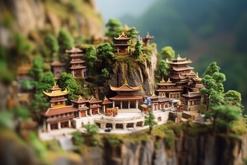 A miniature model of a chinese temple on a cliff. Generative AI.