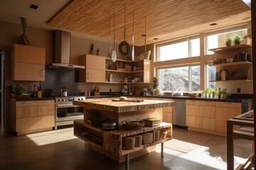 eco-friendly kitchen, with natural materials and energy-efficient appliances, created with generative ai