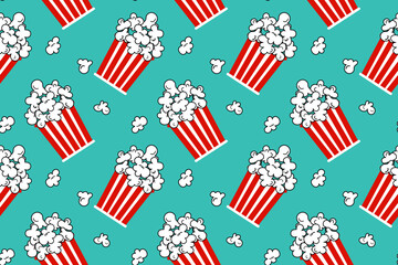 Popcorn red and white striped bucket seamless pattern on blue background. vector illustration cartoon style