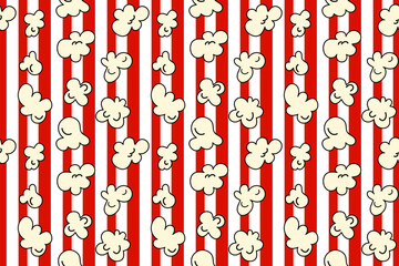 Popcorn seamless pattern on red and white color striped background. vector illustration cartoon style - 611030051