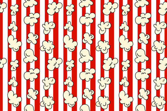 Popcorn seamless pattern on red and white color striped background. vector illustration cartoon style