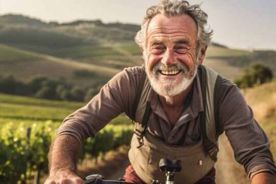 Close-up portrait photography of a glad old man riding a bike against a picturesque vineyard background. With generative AI technology