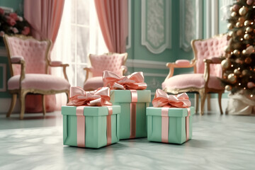 Christmas decoration, mint gift boxes with pink bows in interior. Generative AI