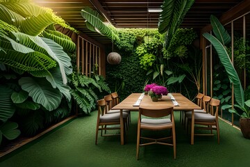 Tropical garden with palm trees table and chairs in the garden