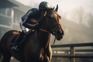 Obraz premium Horse races, jockey and his horse goes towards finish line, traditional European sport. generative ai