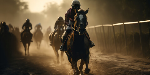 Fototapeta premium Horse races, jockey on horseback approaching the finish line, traditional European sport. generative ai