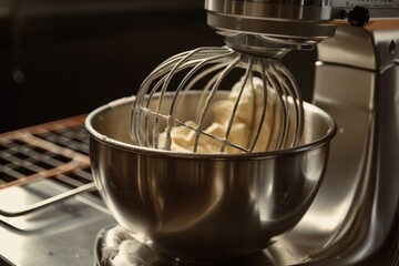 close-up of commercial mixer, with ingredients being mixed into smooth consistency, created with generative ai