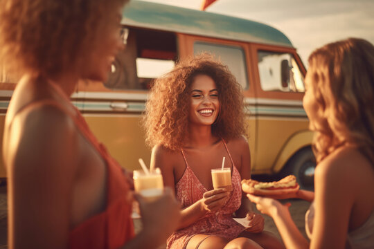 Cheerful African American woman with curly hair smiling and looking at each other while sitting on passenger seat of retro van. Generative AI
