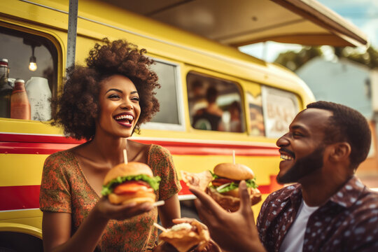 Positive African American couple smiling and eating while sitting besides food truck. Generative AI