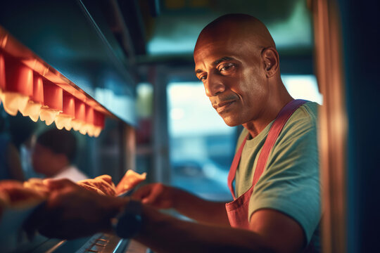 Side view of black chef standing at counter in vintage food truck preparing a big hot dog. Generative AI