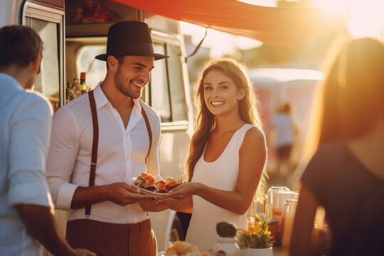 Happy adult man and woman smiling and looking at each other while standing near food truck with plate of food during date in evening. Generative AI