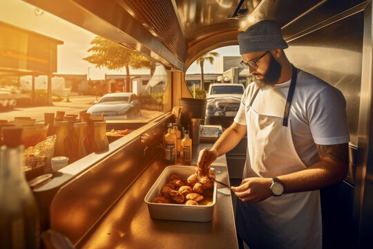Side view of African American man chef in casual clothes and hat standing at counter in food truck at sunset. Generative AI