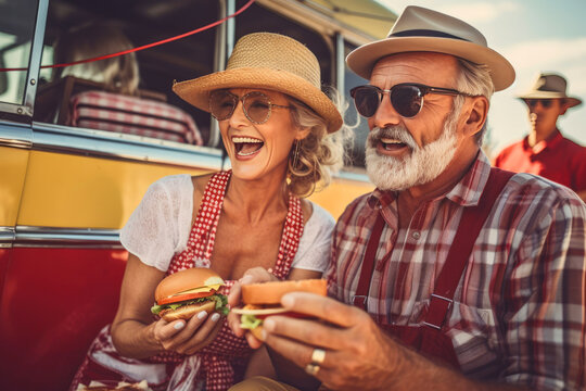 Happy African American mature couple smiling and looking at camera while sitting near food truck and eating tasty burger. Generative AI