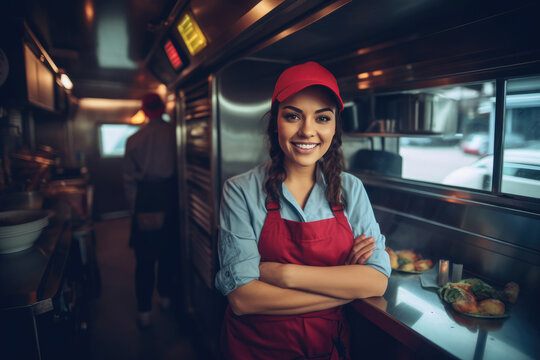 Positive Young Chef In Casual Clothes Smiling And Looking At Camera While Standing Near Counter In Vintage Food Truck. Generative AI