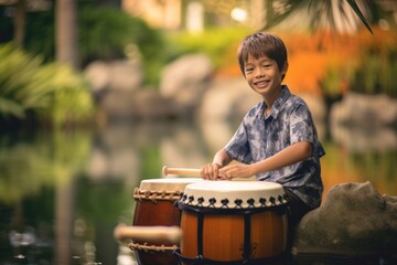 Medium shot portrait photography of a grinning kid male playing the drum against a tranquil koi pond background. With generative AI technology